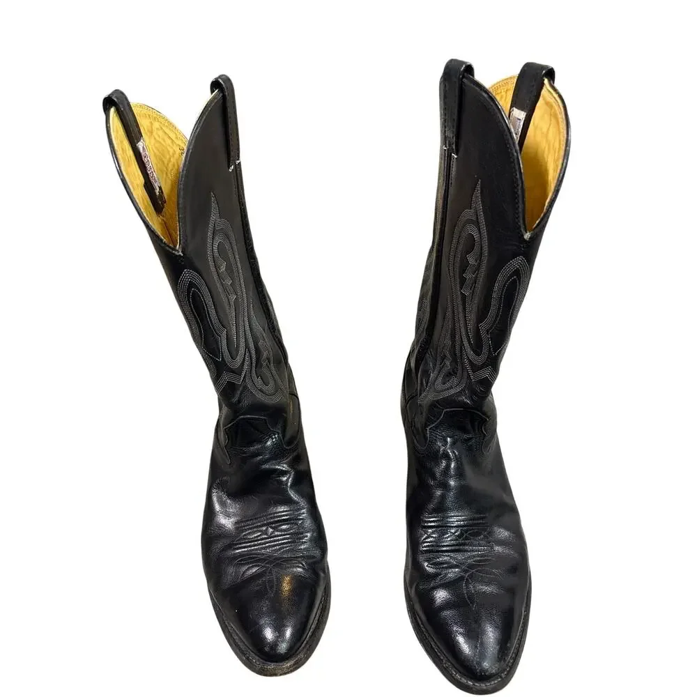 Vtg 90s NOCONA Black Men's 9 100% Leather Cowboy Boots western flame stitch USA